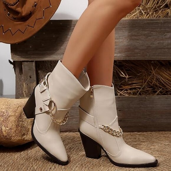 New Ankle Cowboy Boots for Women Chunky Sole Block Heel Western Boots Chic-White - Picture 1 of 4